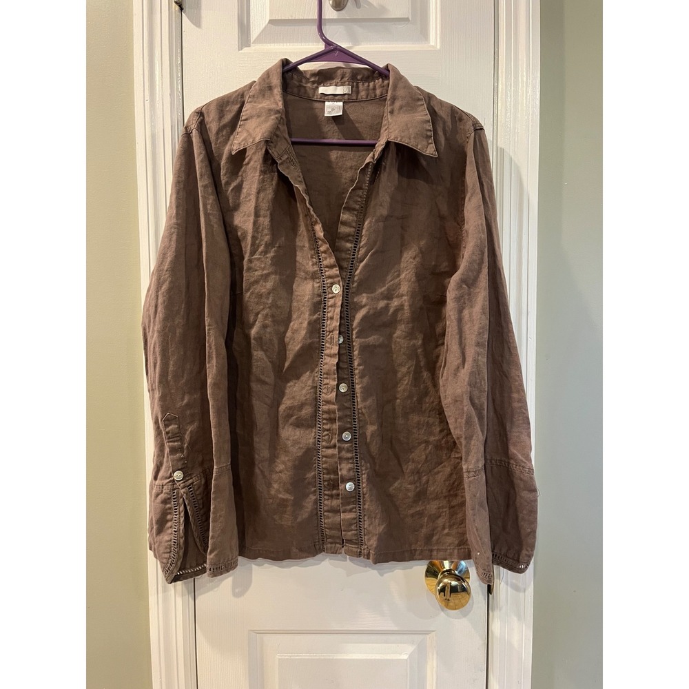 La Redoute Brown 100% Linen Button Down Shirt with Crochet Trim Detail Size 18